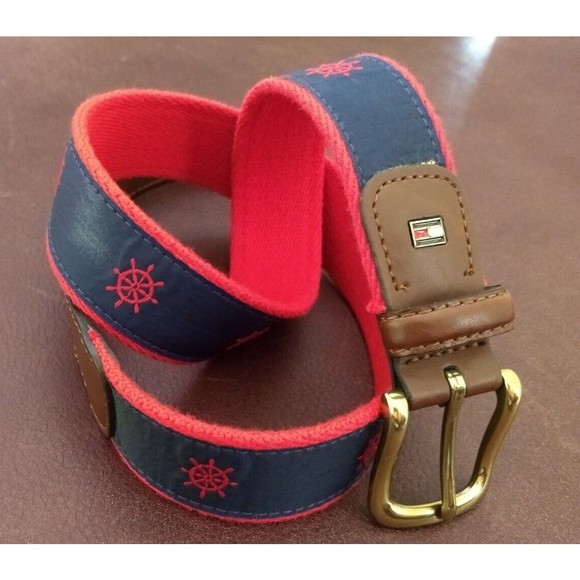 TOMMY HILFIGER Canvas Leather Belt Grosgrain Blue Nautical Ribbon Summer Size 32 - Picture 1 of 16